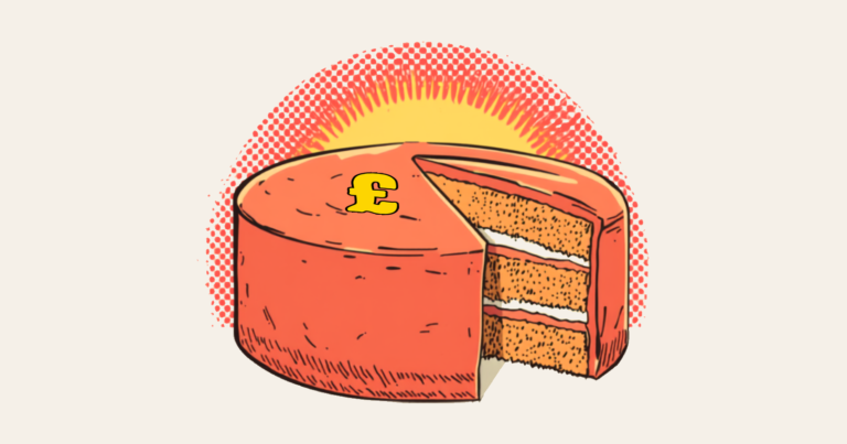 A coral layer cake with a golden pound sign piped on its top and one slice cut and slid clear, both cut faces showing the sponge layers, drawn in bold comic-book style against a red halftone halo.