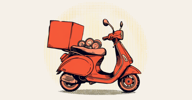 A coral delivery scooter with its cube top box open and full of coins, drawn in bold comic-book style against a pale halftone dot halo.