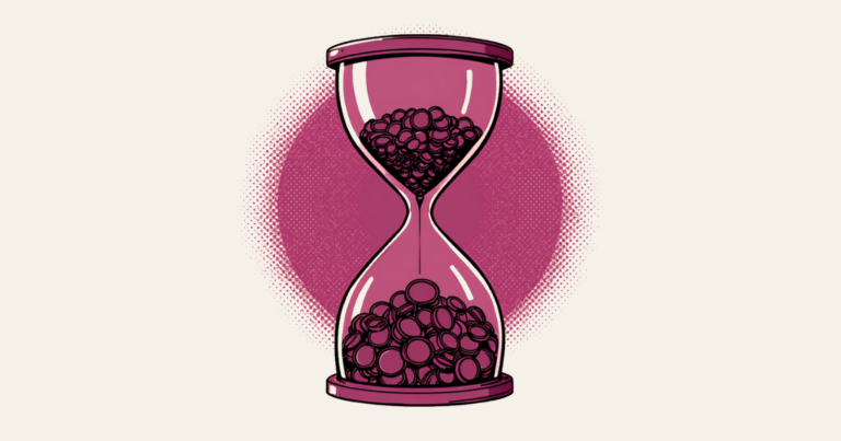 A tall magenta hourglass whose upper and lower bulbs are filled with coins instead of sand, drawn in bold comic-book style against a magenta halftone dot halo.
