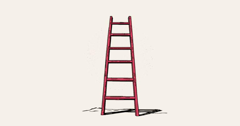 A magenta ladder standing alone, drawn in bold comic-book style against a pale halftone dot halo.