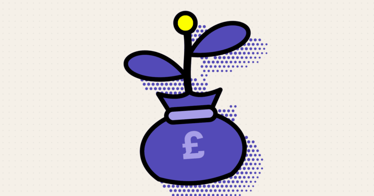 A tied money bag with a pound sign on it, a young seedling growing out of the gathered neck, two leaves and a yellow bud.