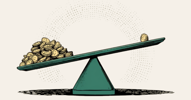 A green balance scale tipped hard to one side, one pan heaped with gold coins and sunk low, the other holding a single coin and swung high, drawn in bold comic-book style against a halftone dot arc.