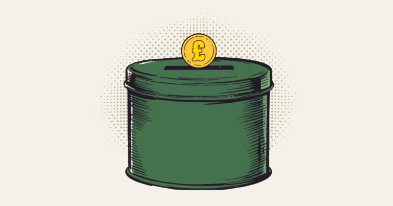 A green savings tin with a gold coin resting on its slot, a golden pound sign struck into the coin's face, drawn in bold comic-book style against a halftone dot halo.