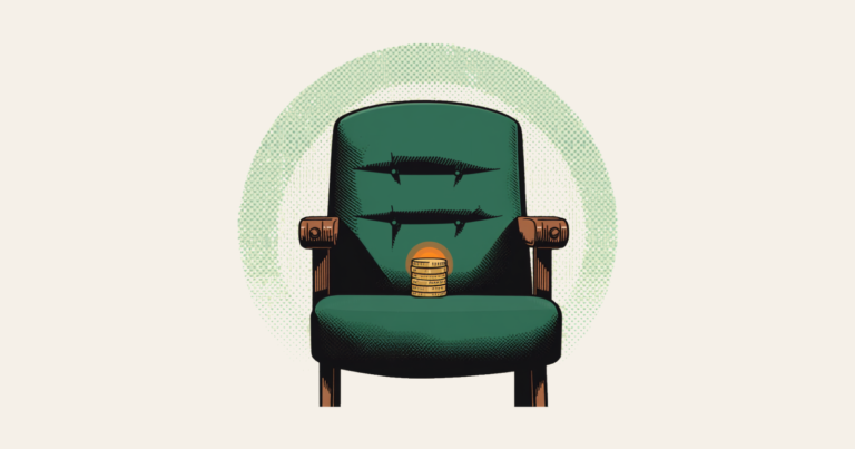 A single green tip-up theatre seat with wooden arms, its pan down and a short stack of gold coins standing on one arm, drawn in bold comic-book style against a pale green halftone dot halo.