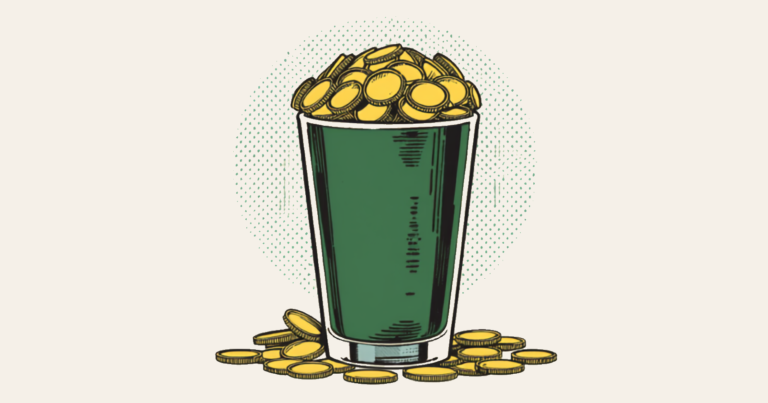 A green tumbler mounded with gold coins spilling over its rim, with more coins at its foot, drawn in bold comic-book style against a halftone dot halo.