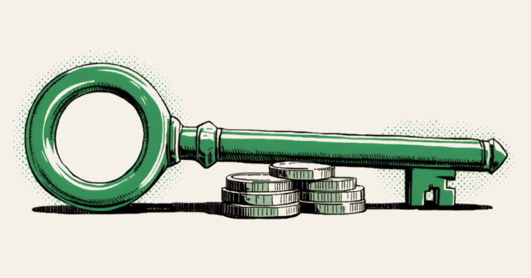 A chunky green key lying flat with coins stacked against its shaft, drawn in bold comic-book style against a pale halftone dot halo.