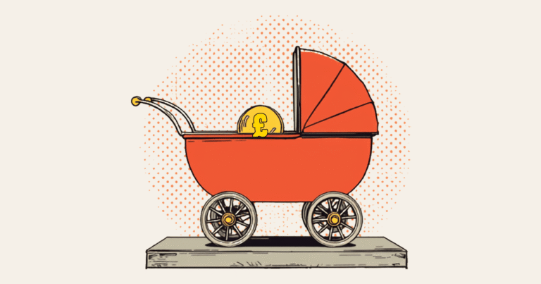Comic illustration: a red toy pram on a stone slab, a large gold coin marked with a golden pound sign sitting inside it, on a parchment ground