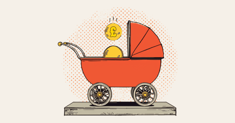 Comic illustration: a red toy pram on a stone slab with a gold coin inside it, and a second gold coin marked with a golden pound sign dropping in from above, on a parchment ground