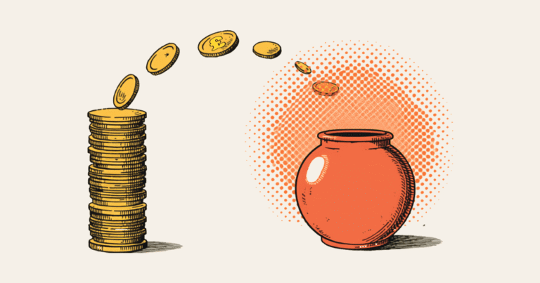 Comic illustration: a tall stack of gold coins on the left, four coins arcing through the air, one marked with a golden pound sign, into a round red pension pot on the right, on a parchment ground