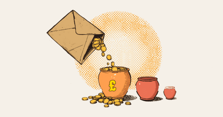 Comic illustration: a brown pay packet tipped open, gold coins pouring into an orange pot marked with a golden pound sign, beside two smaller red pots, on a parchment ground